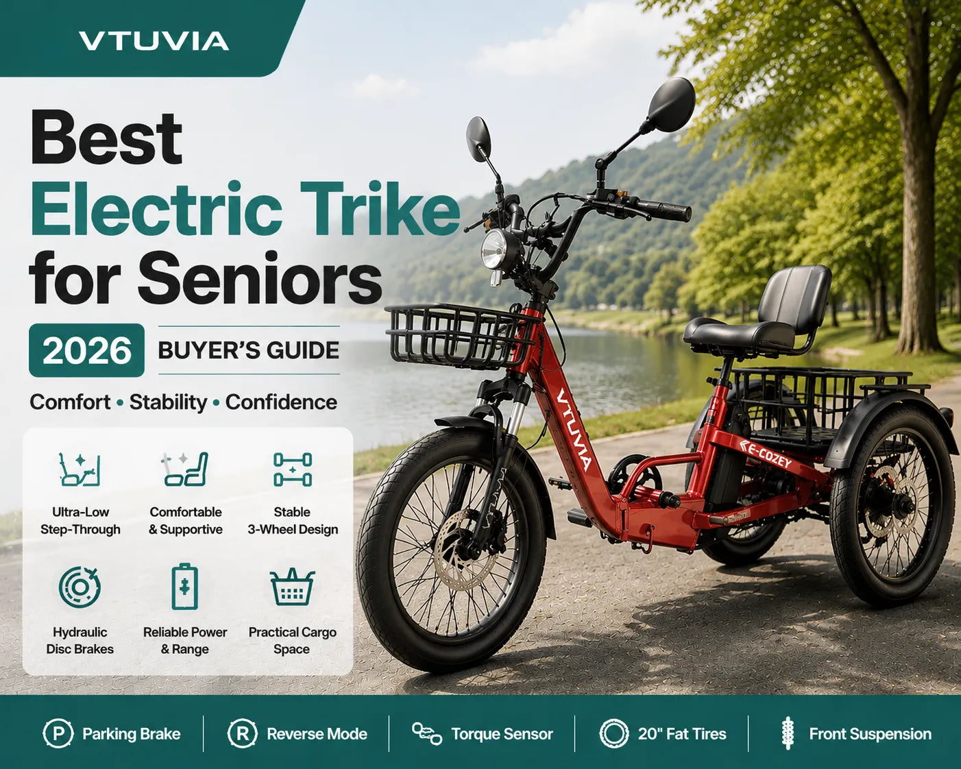 VTUVIA E-COZY electric trike for seniors with low step-through frame and supportive seat