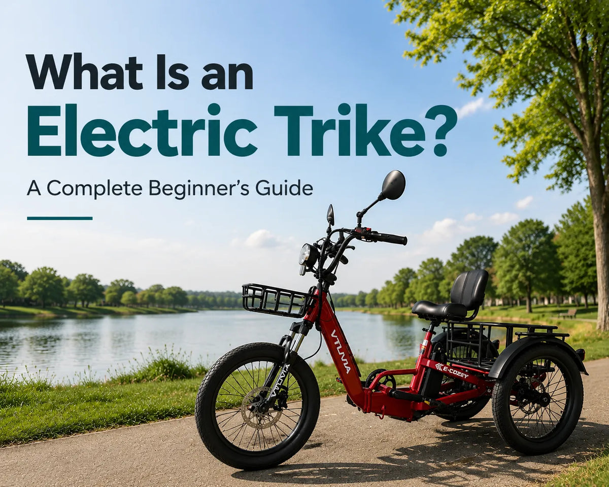 An older adult riding a comfortable electric trike outdoors on a sunny day