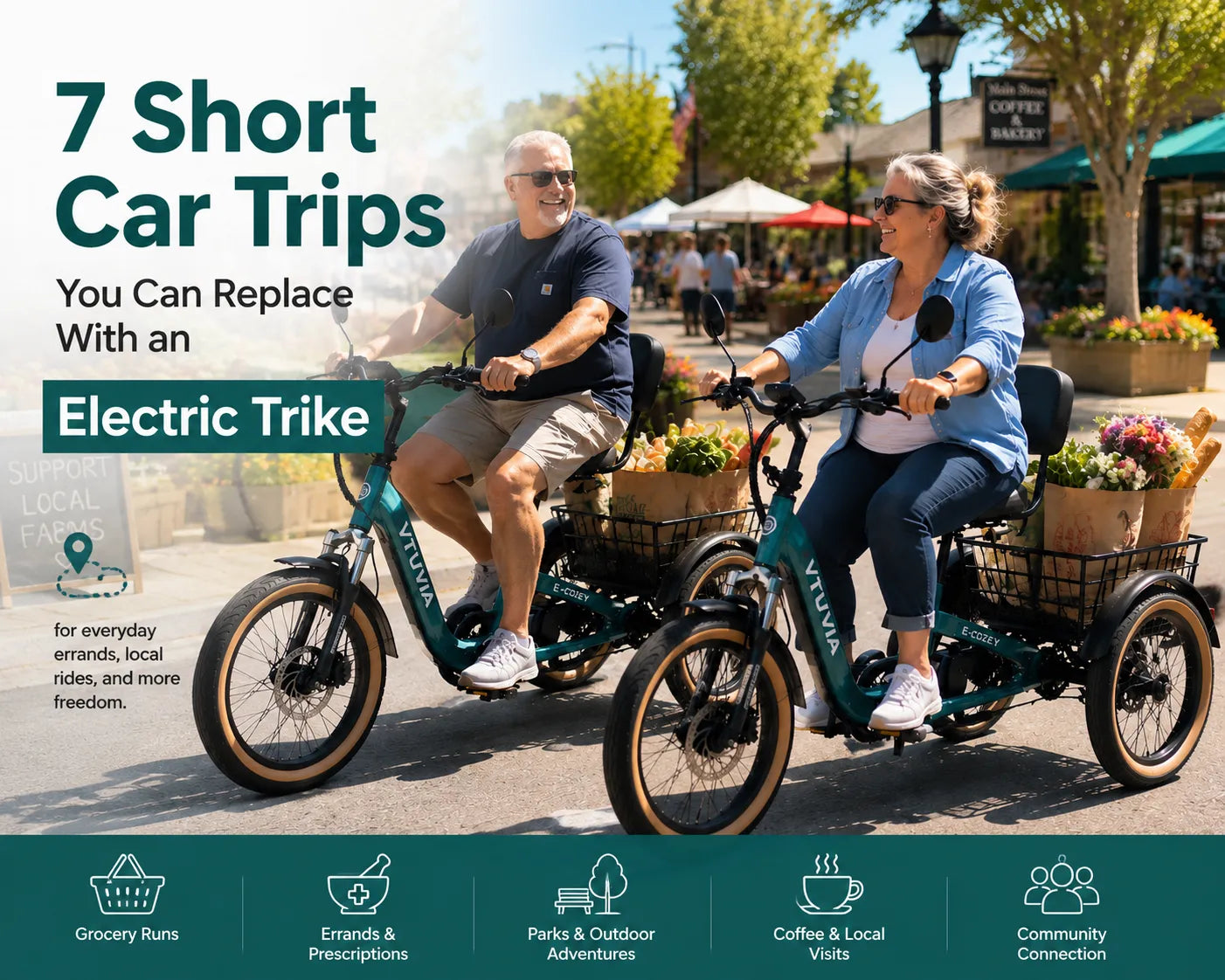 E-COZEY electric trike helping seniors replace short car trips for grocery shopping and farmers market rides