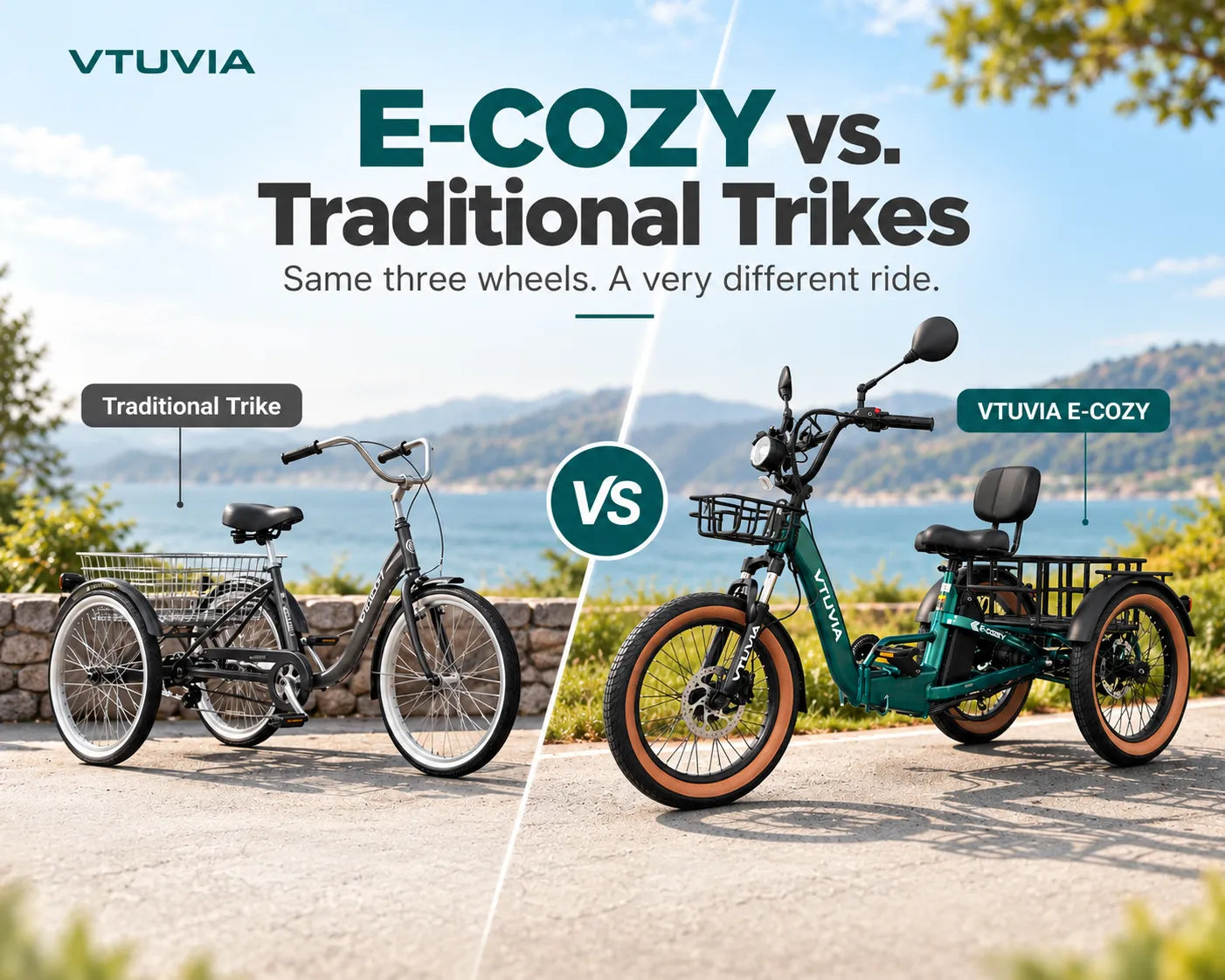 VTUVIA E-COZY electric trike vs traditional adult trike comparison