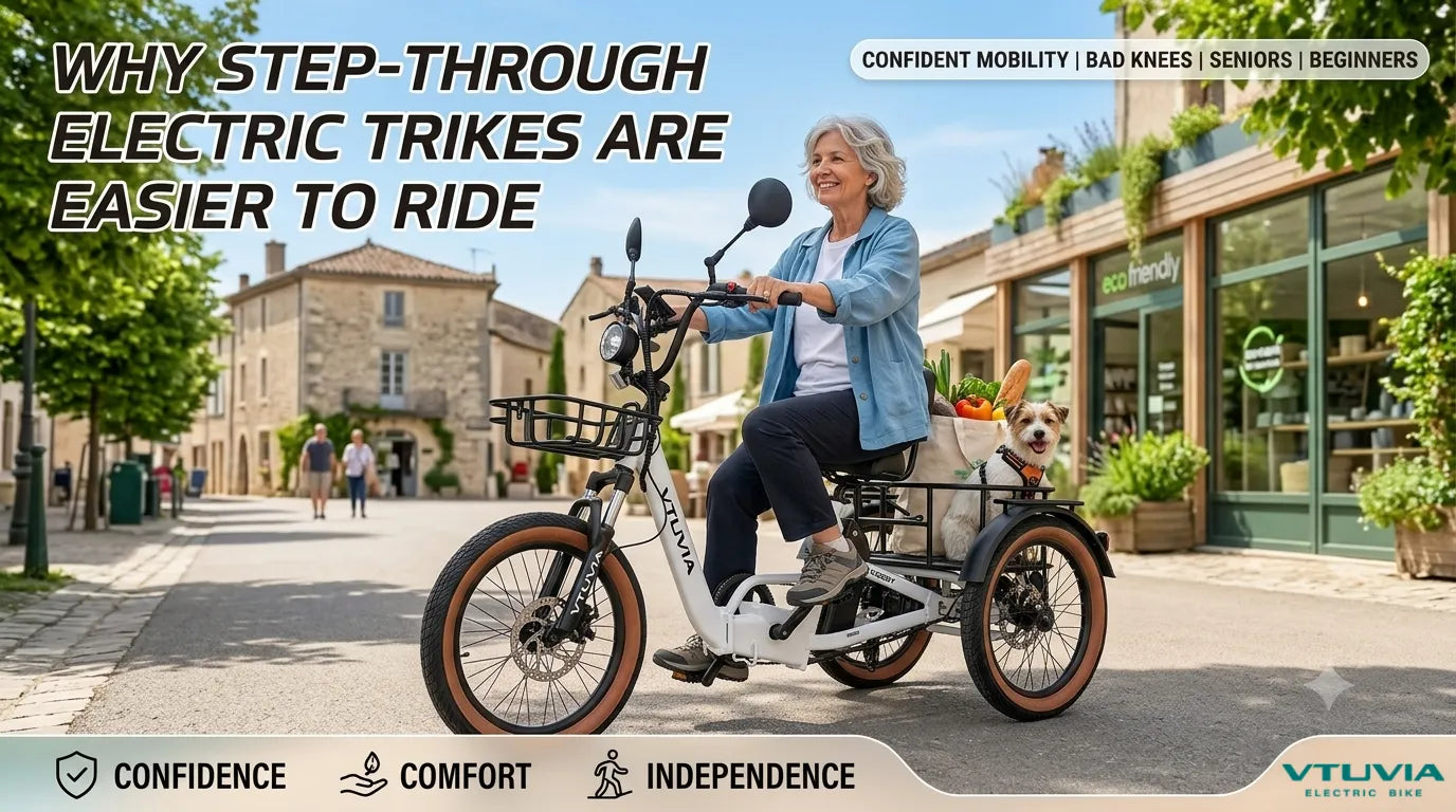 A rider effortlessly mounting the white E-COZEY low step-through electric trike on a sunny neighborhood street, featuring a comfortable upright riding posture and rear basket cargo.