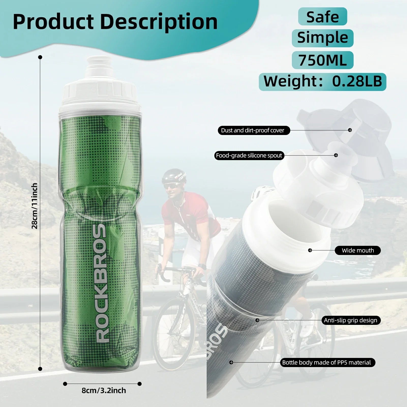ROCKBROS 24OZ Insulated Bike Water Bottle