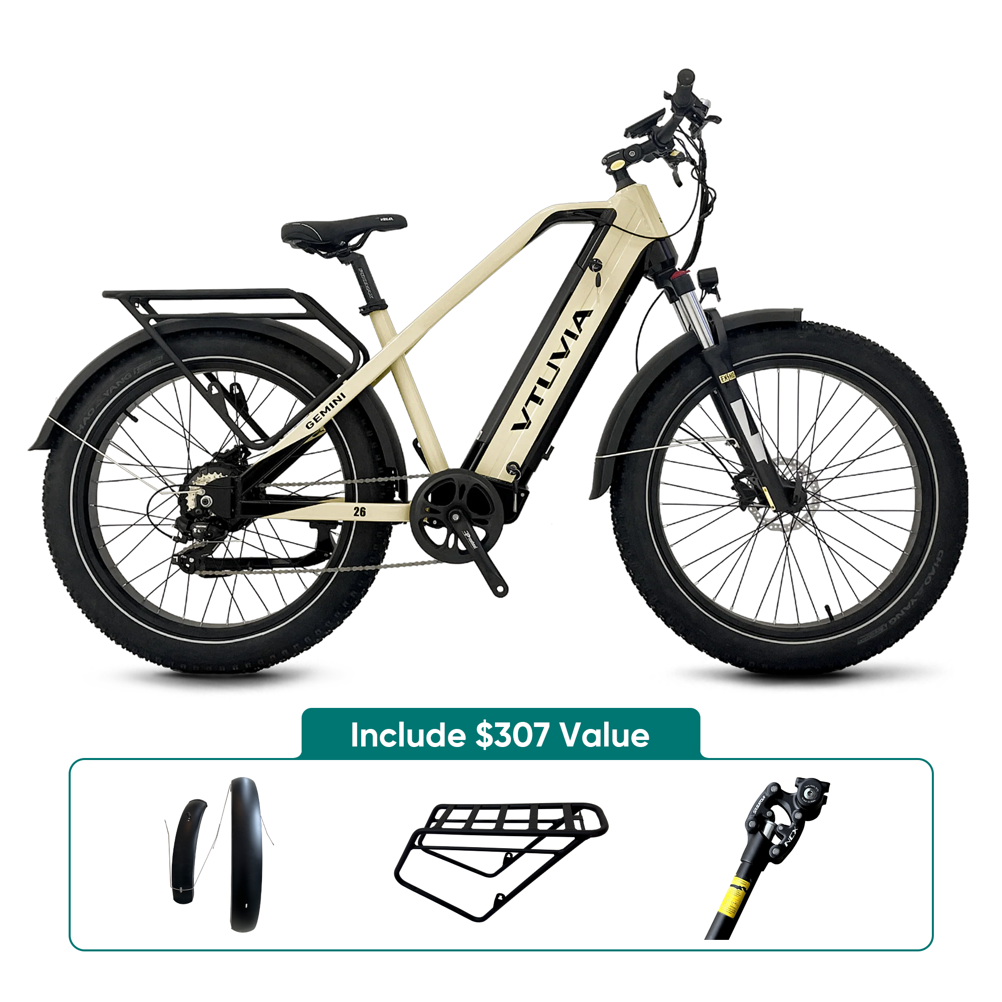 VTUVIA Gemini 26 Inch Fat Tire Electric Bike, Champagne