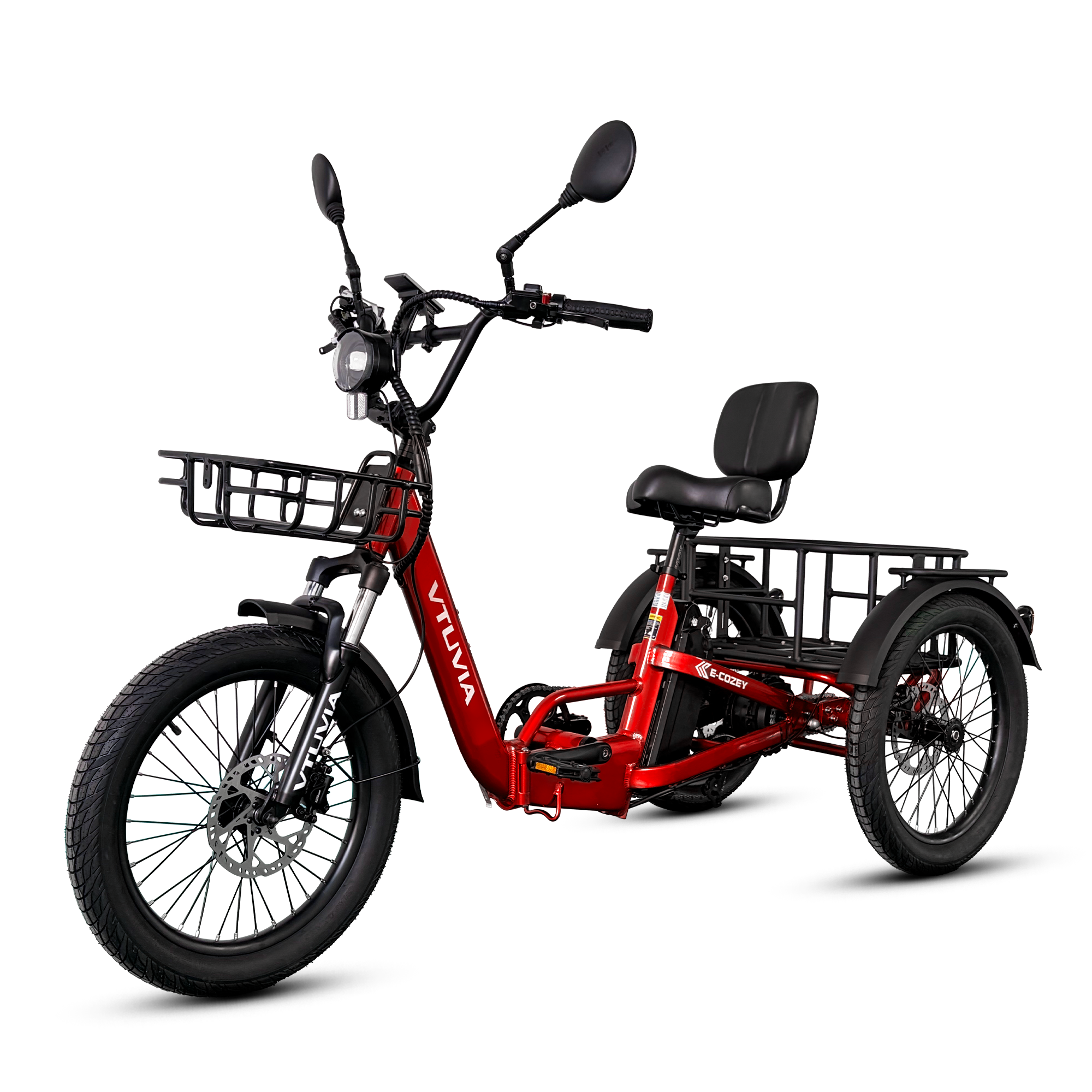 VTUVIA E-COZEY electric trike left side view with rear cargo basket and three-wheel design #color_ruby-red