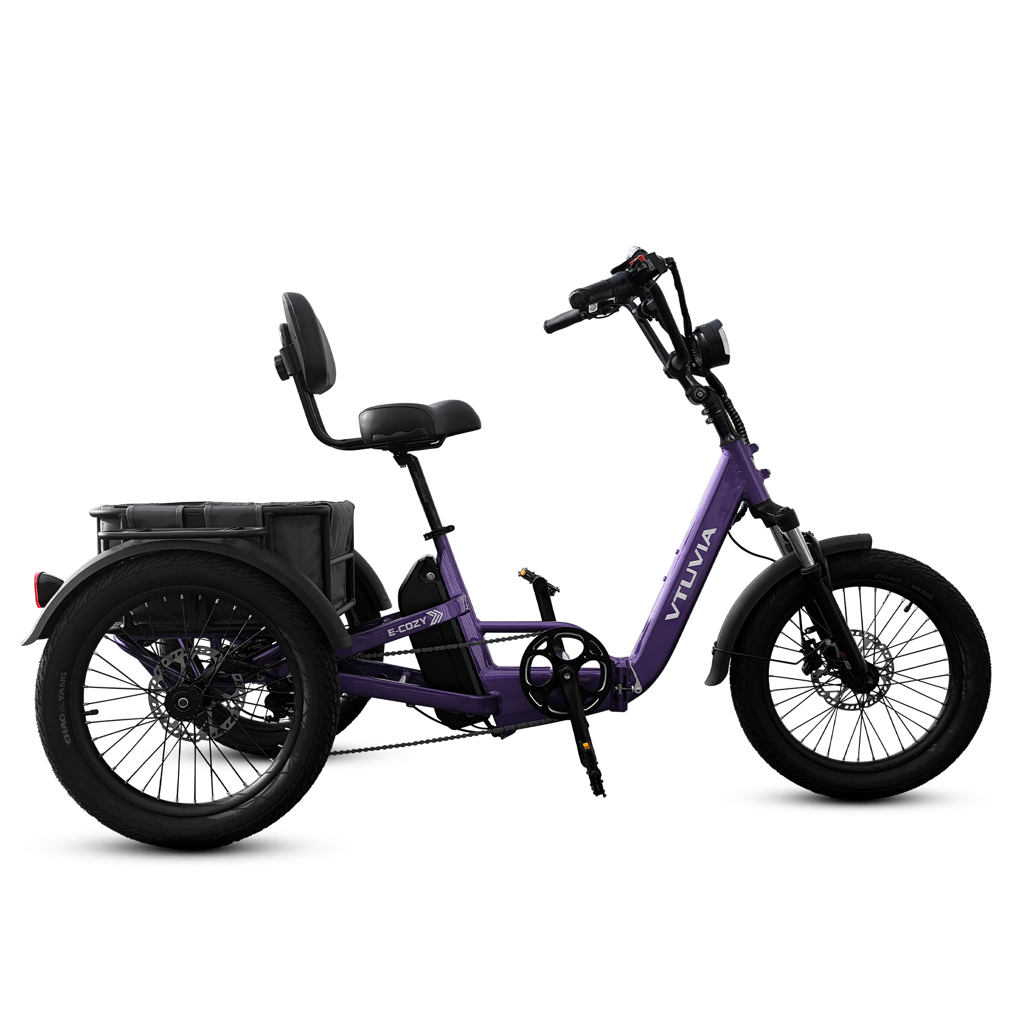 VTUVIA E-COZY electric tricycle right side view showing comfortable riding position and rear differential