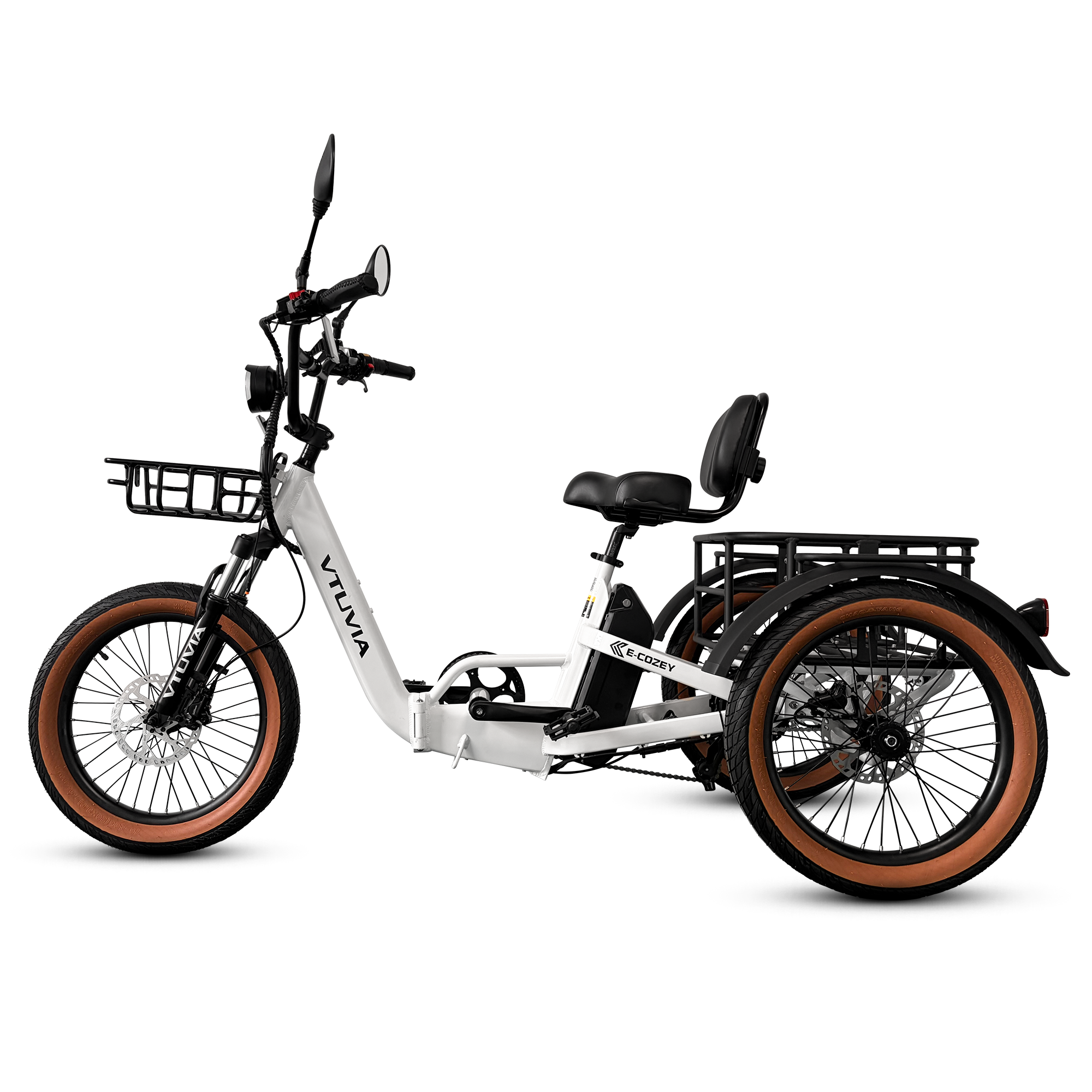 VTUVIA E-COZEY electric tricycle for adults with low step-through frame and rear basket