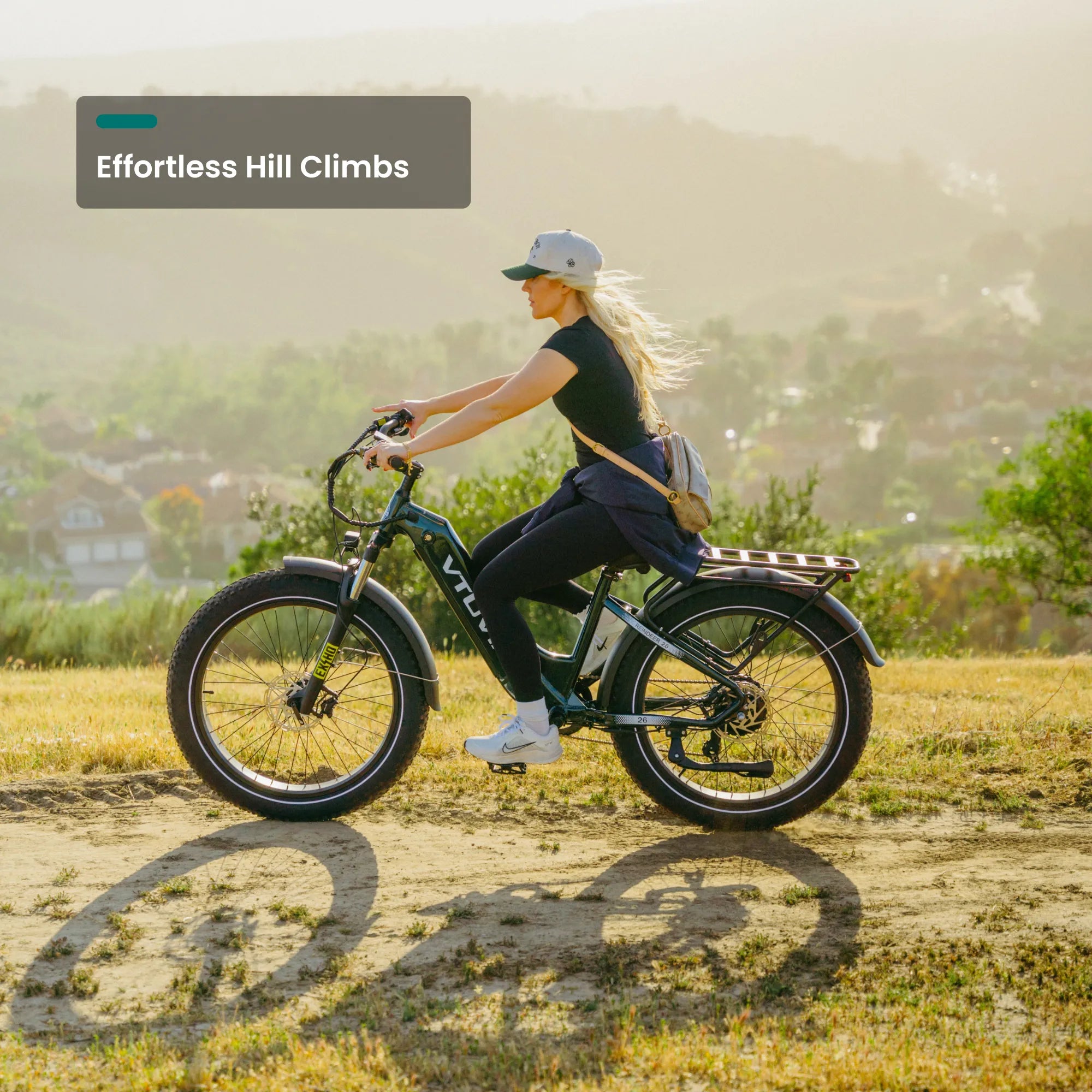 VTUVIA Reindeer 2.0 electric bike climbing a hill, torque sensor power for steep terrain