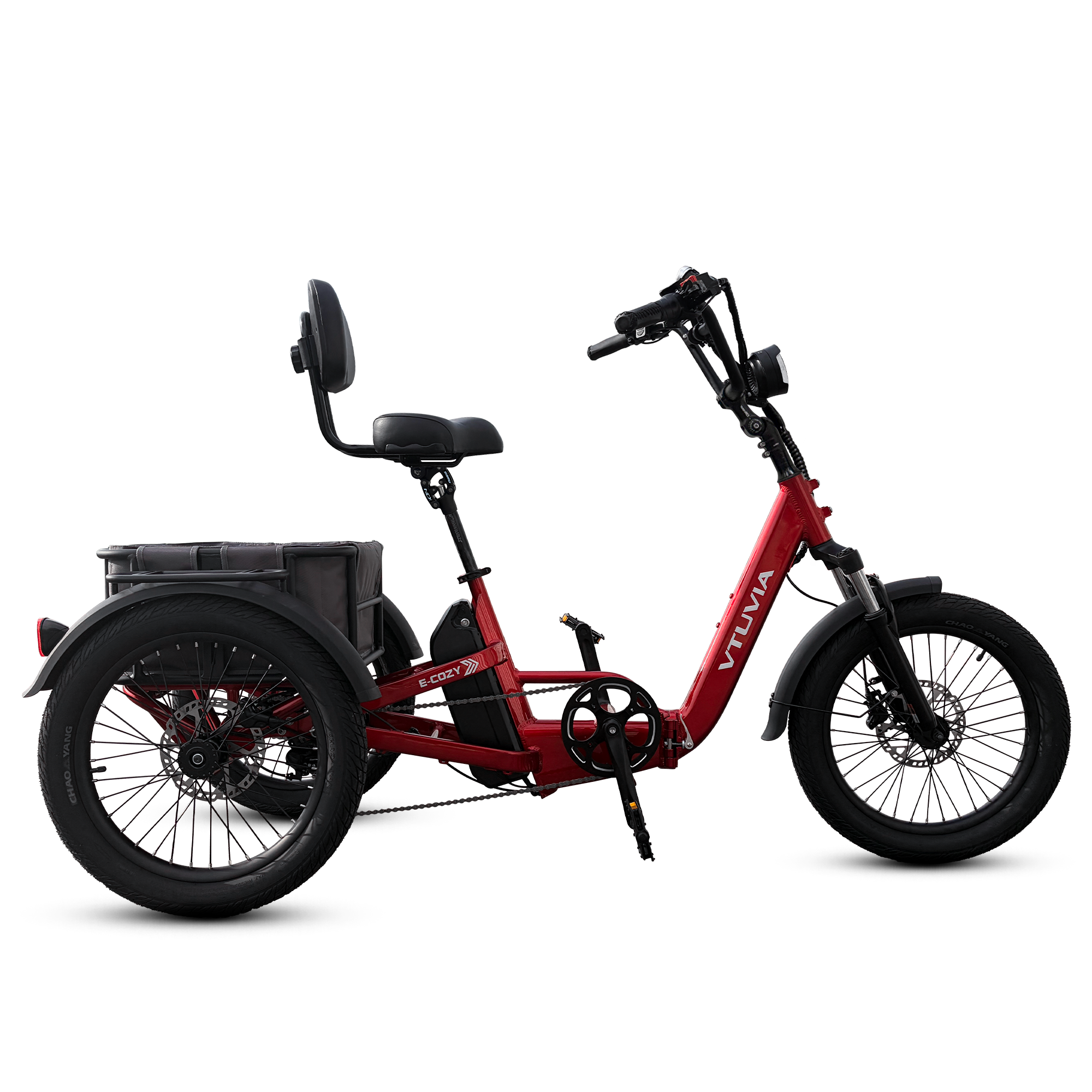 VTUVIA E-COZY electric trike left side view with rear cargo basket and three-wheel design