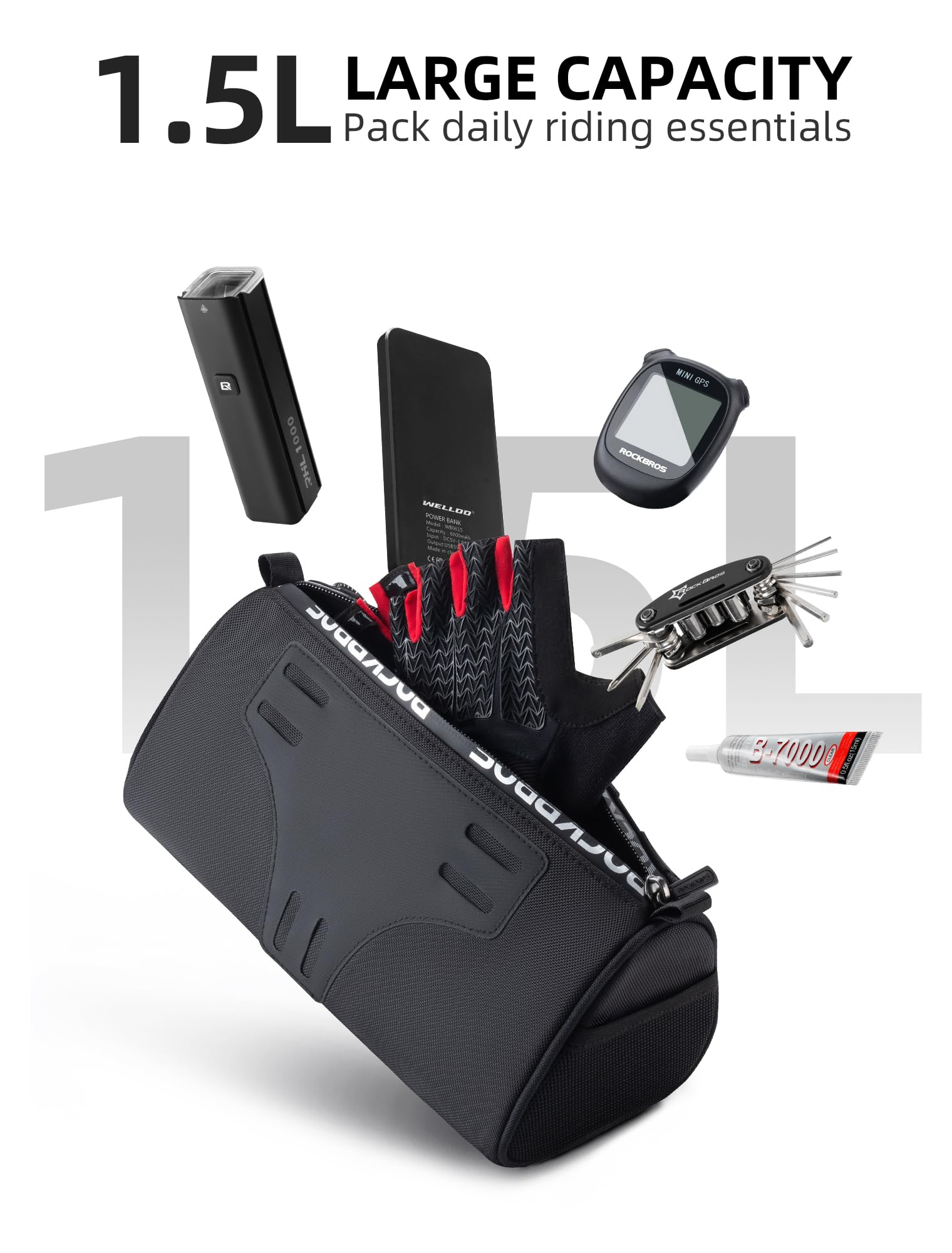 ROCKBROS 1.5L Bike Handlebar Bag - Reflective Front Handlebar Bag for MTB Road Bikes