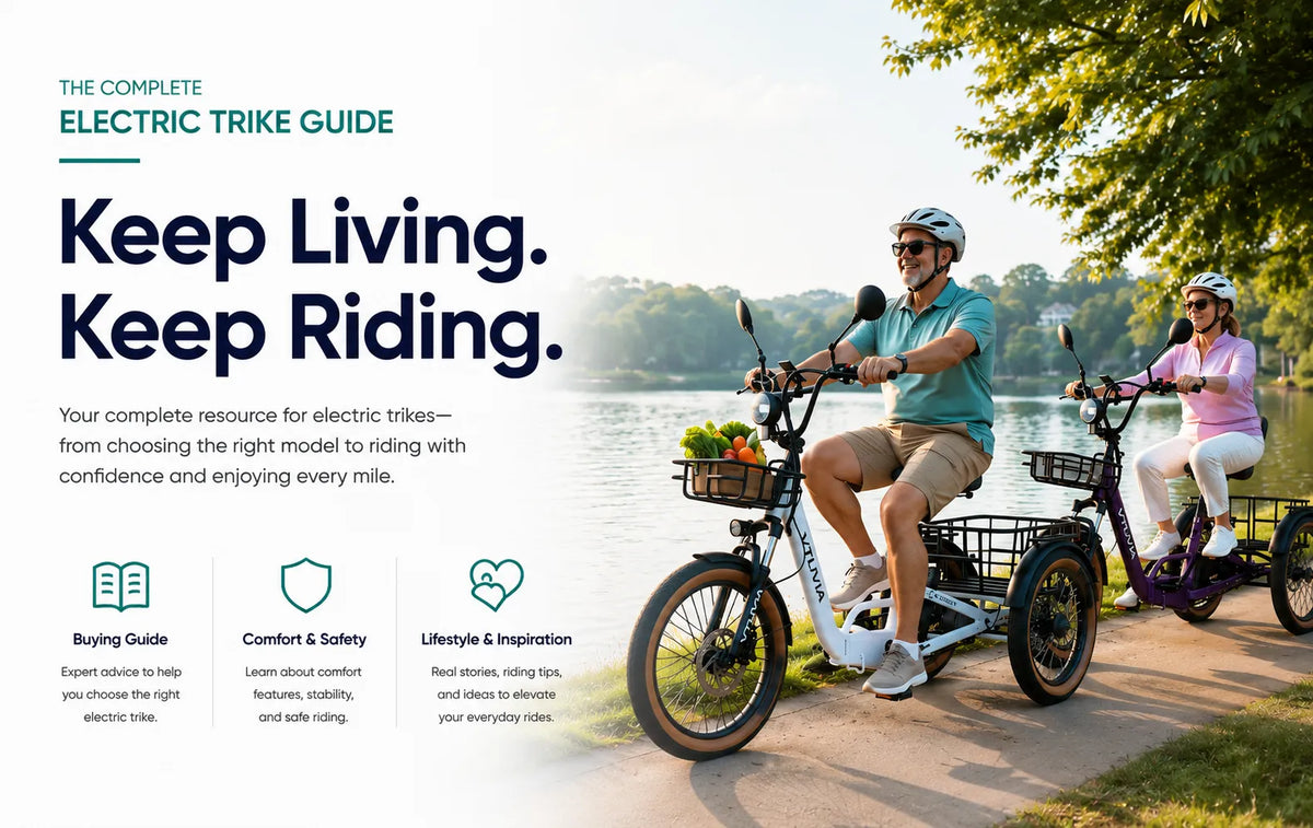 Older adults riding VTUVIA electric trikes on a lakeside path