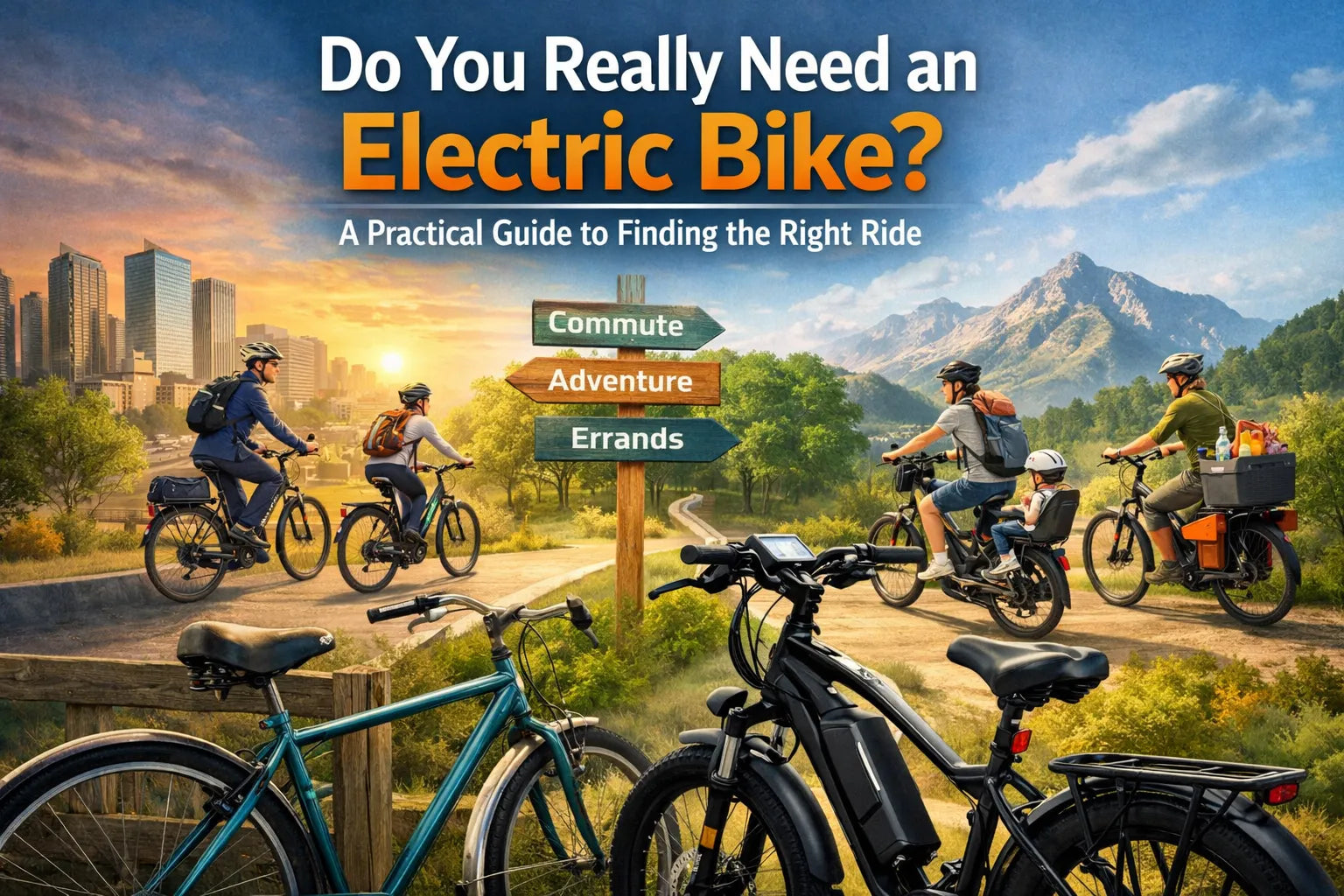 Riders using electric bikes for commuting, family outings, and errands across city and mountain landscapes