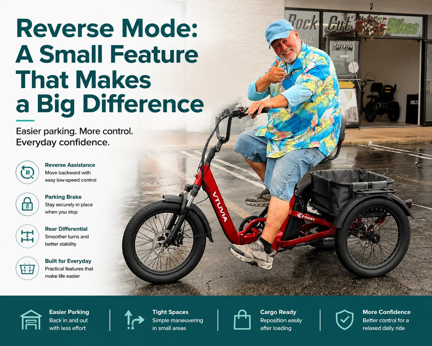 E-COZY electric trike with reverse mode assistance for easier parking and everyday maneuvering