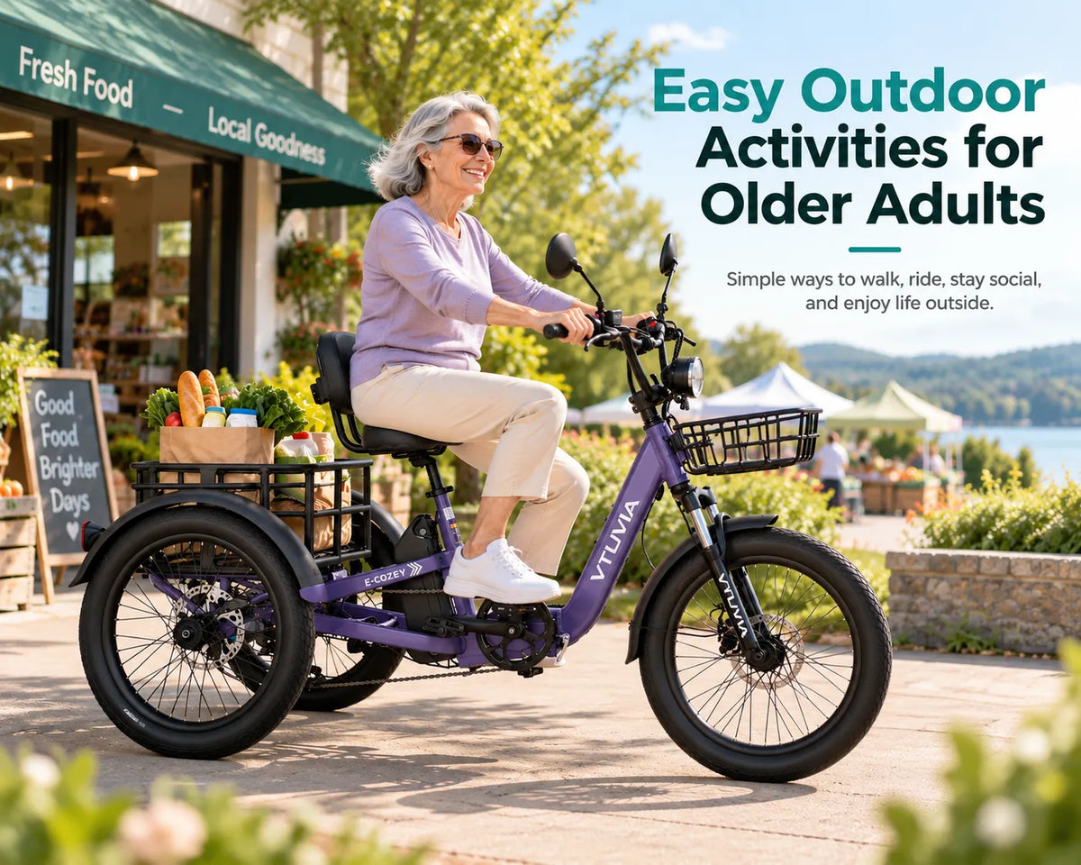 Older woman riding a VTUVIA E-COZY electric trike with groceries at an outdoor market