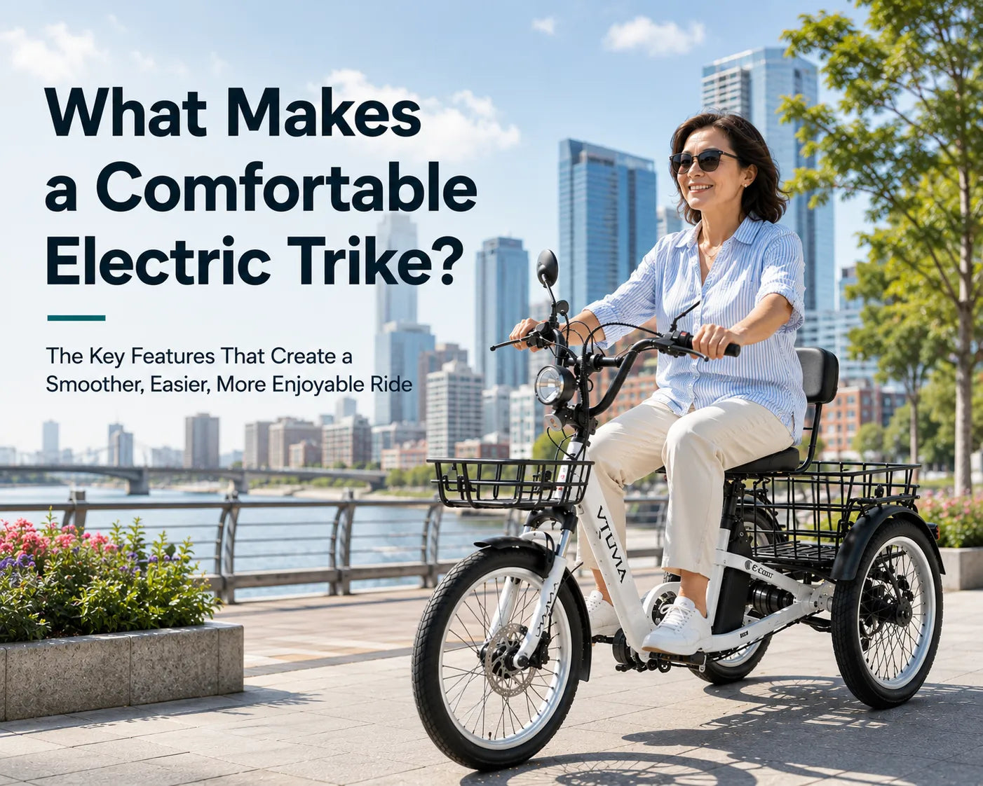 Middle-aged woman riding a comfortable white electric trike on a city path
