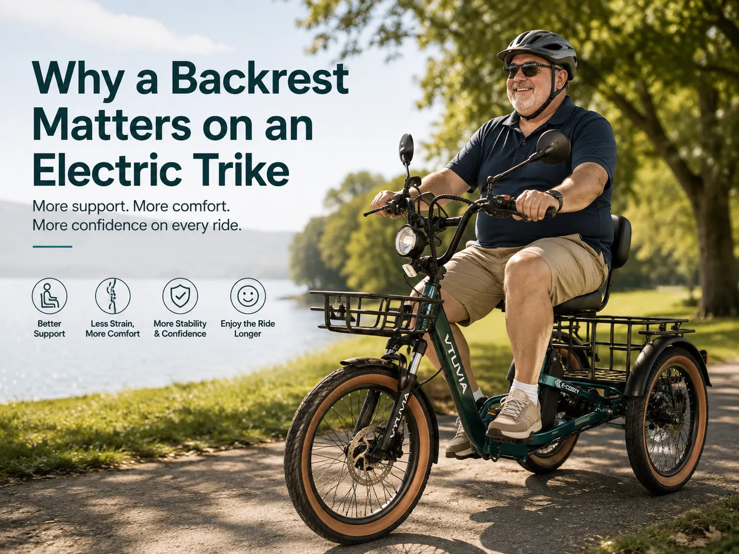 Older adult riding a VTUVIA E-COZY electric trike with a supportive backrest for a comfortable upright riding position