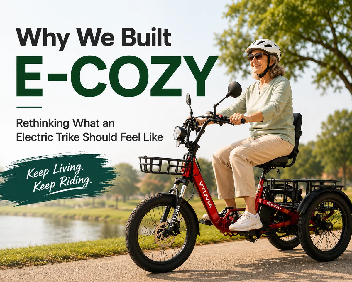 Older woman riding a red VTUVIA E-COZY electric trike on a park path