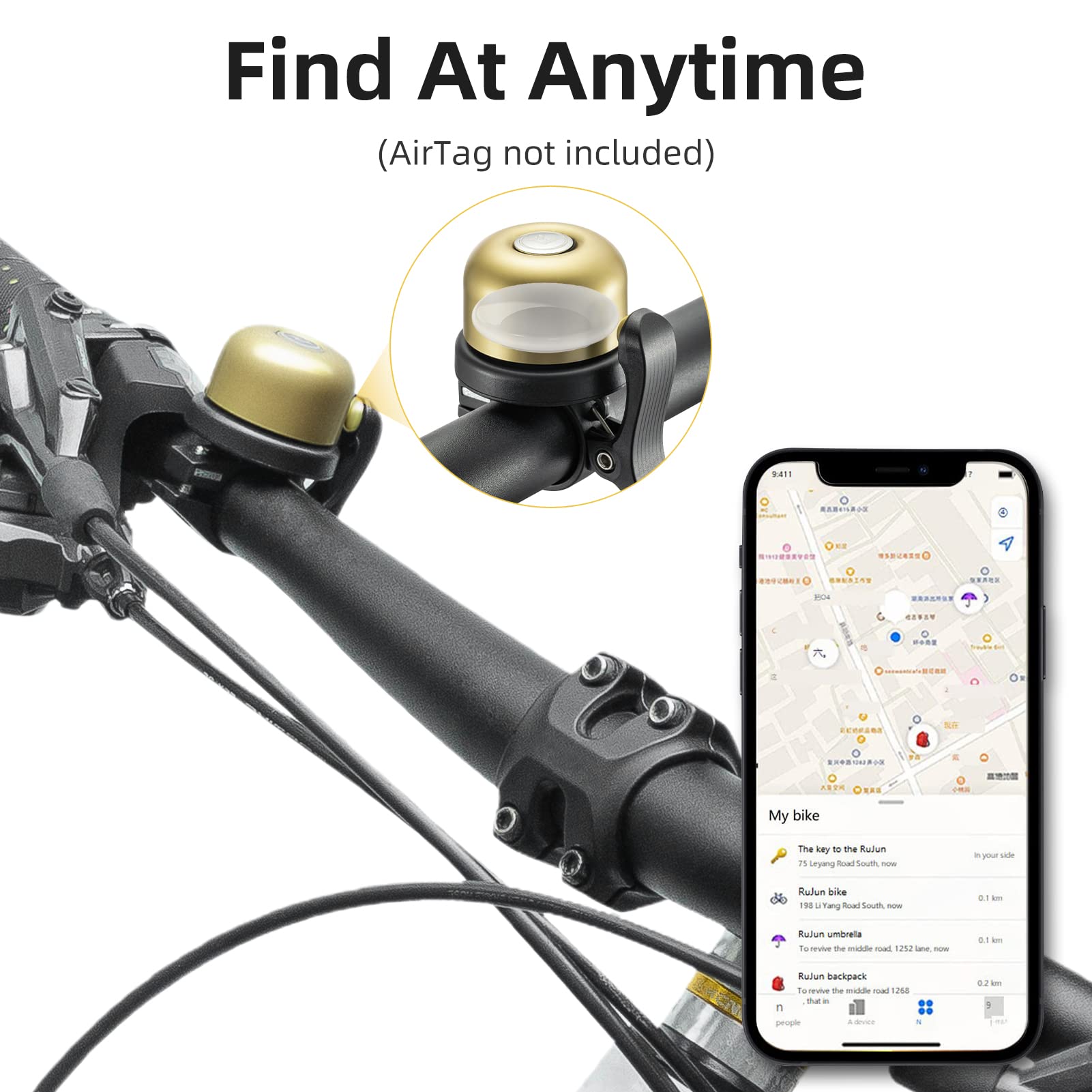 ROCKBROS Hidden AirTag Bike Bell, Anti-Theft GPS Tracker for 0.87"/22.2mm, 1"/25.4mm, 1.25"/31.8mm Handlebars