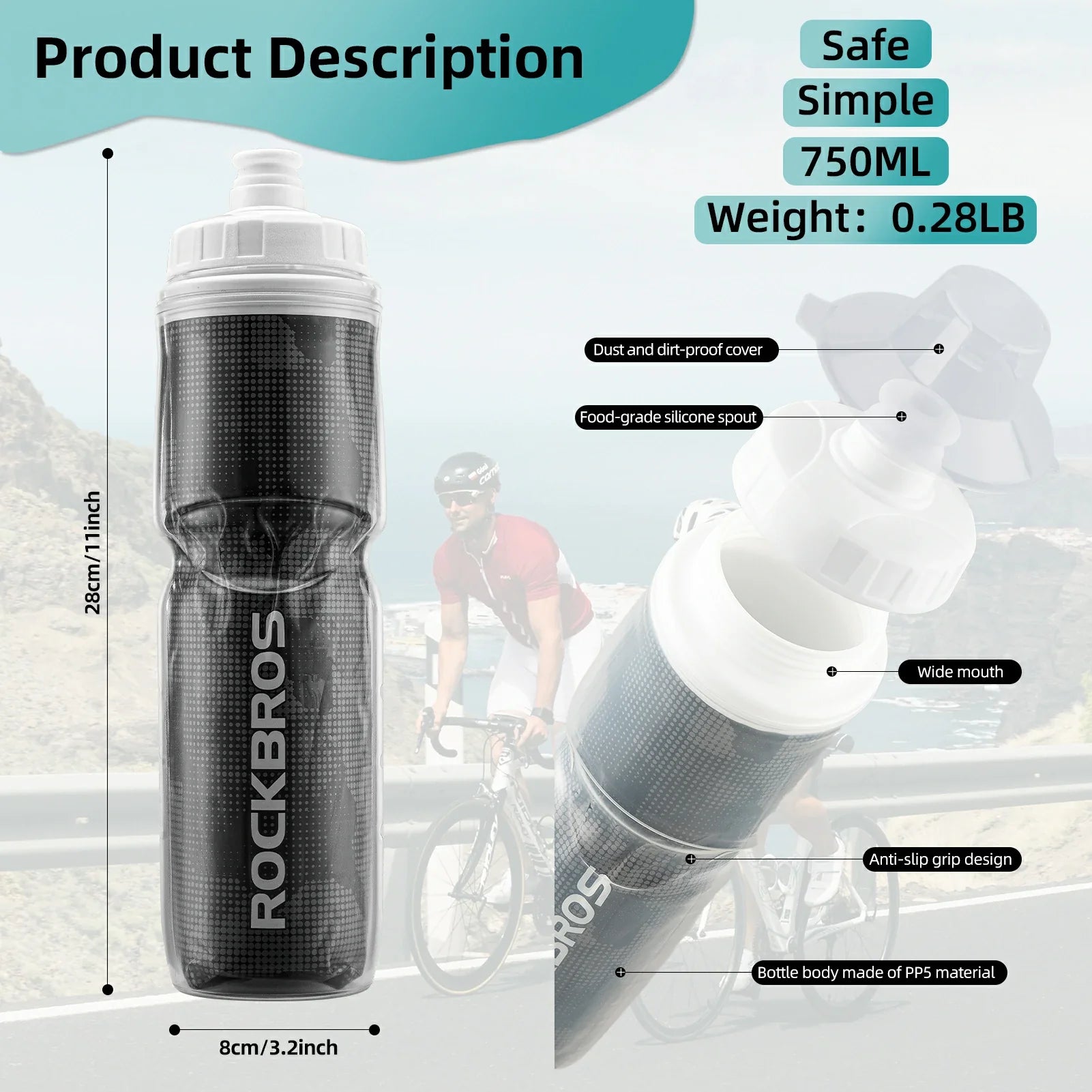 ROCKBROS 24OZ Insulated Bike Water Bottle