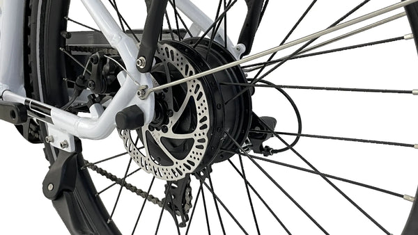 TEKTRO mechanical disc brakes with 180mm rotors on the GIRAFFE e-bike for strong stopping power.