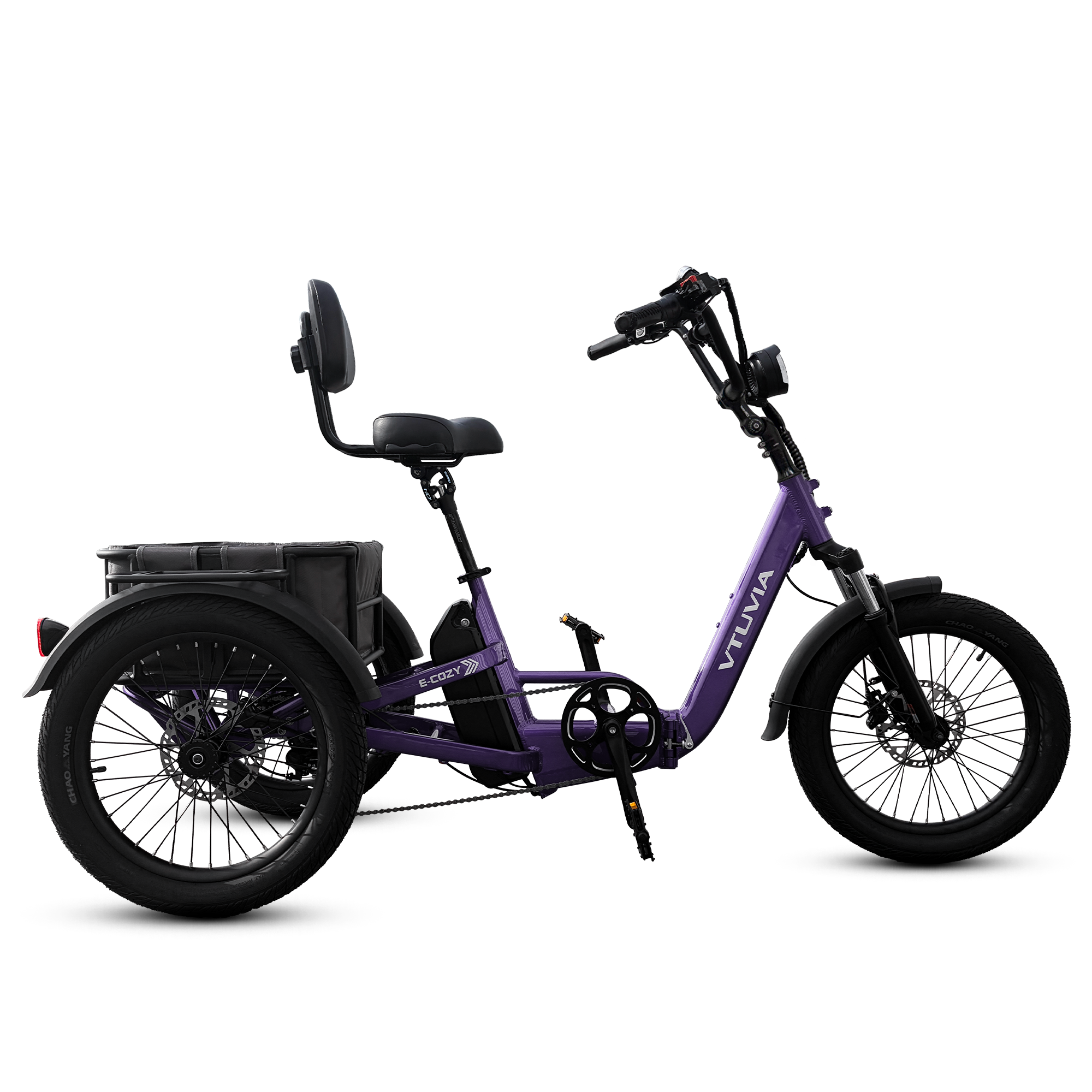 VTUVIA E-COZEY electric tricycle right side view showing comfortable riding position and rear differential 