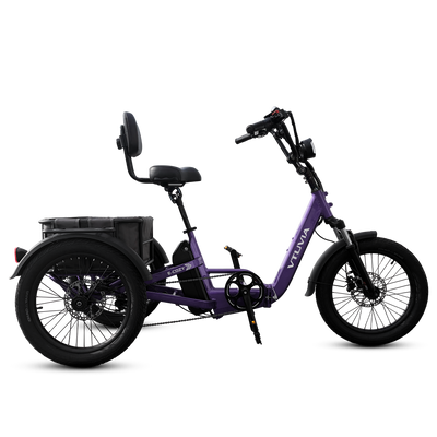 VTUVIA E-COZEY electric tricycle right side view showing comfortable riding position and rear differential 