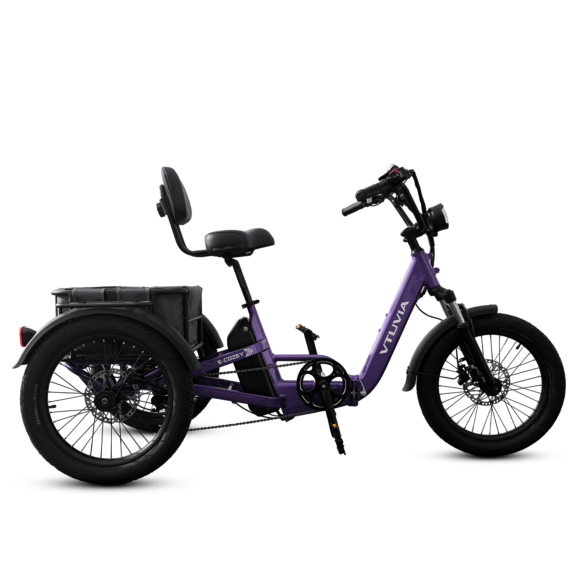 VTUVIA E-COZEY electric tricycle right side view showing comfortable riding position and rear differential 