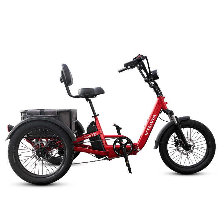 Red VTUVIA E-Cozy electric trike with a low step-through frame, backrest and rear basket