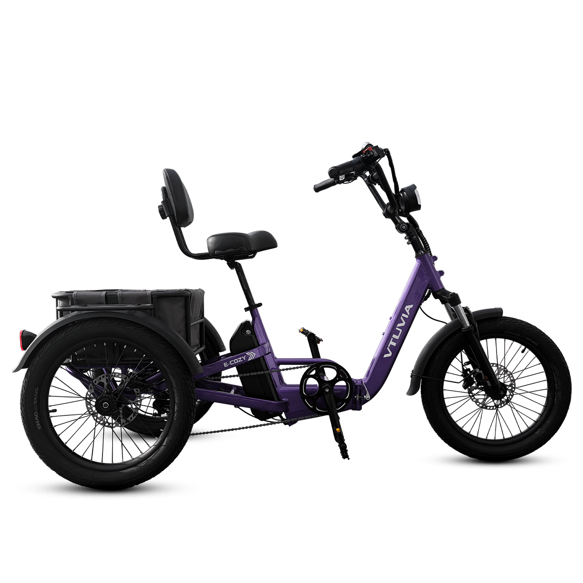 VTUVIA E-COZY electric tricycle right side view showing comfortable riding position and rear differential 
