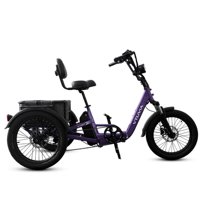 VTUVIA E-COZY electric tricycle right side view showing comfortable riding position and rear differential 