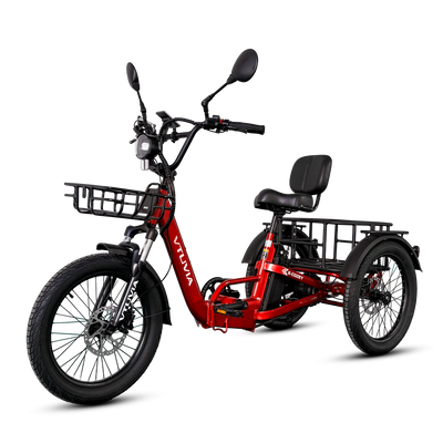 VTUVIA E-COZY electric trike left side view with rear cargo basket and three-wheel design  