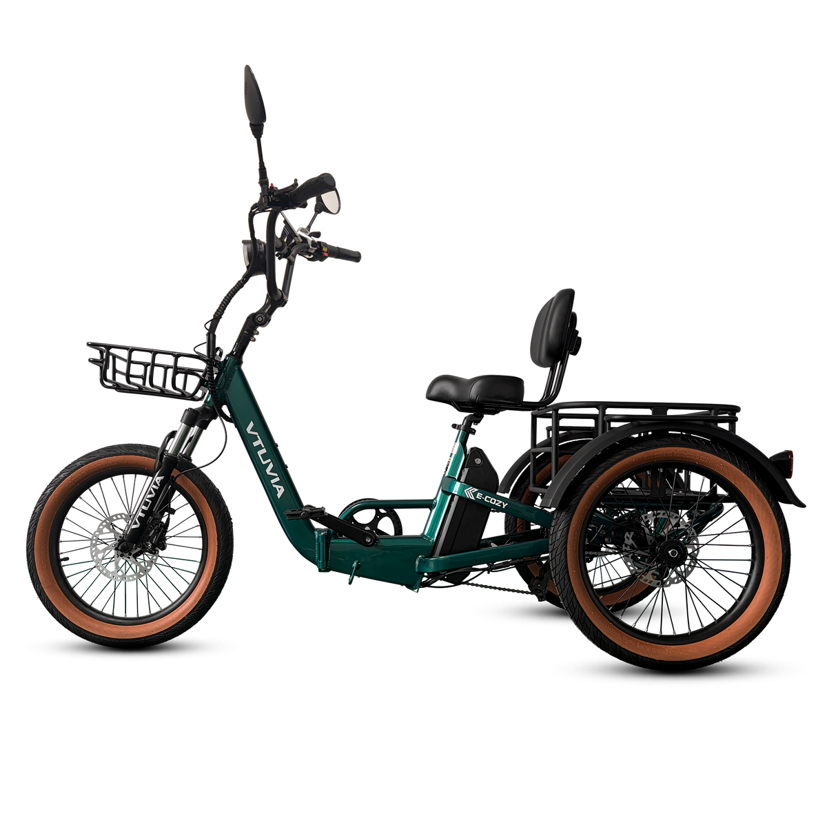 VTUVIA E-COZY green electric tricycle for seniors with adjustable backrest and step-through design  