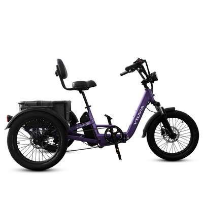 VTUVIA E-COZY electric tricycle right side view showing comfortable riding position and rear differential 