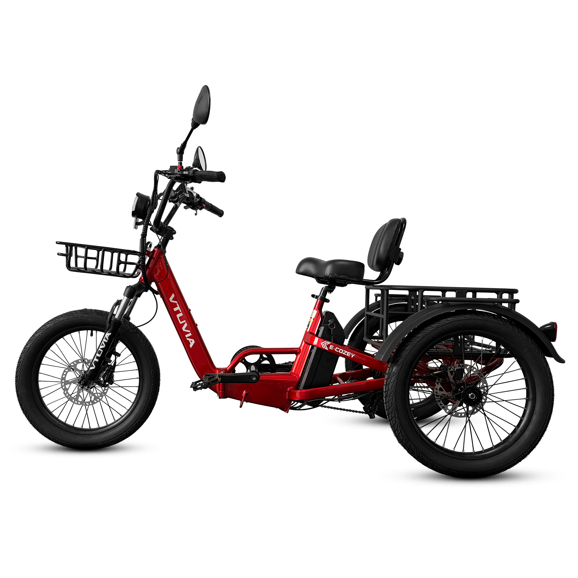 VTUVIA E-COZEY red electric trike with three wheel stability design and comfortable riding position 