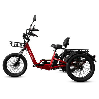 VTUVIA E-COZEY red electric trike with three wheel stability design and comfortable riding position 