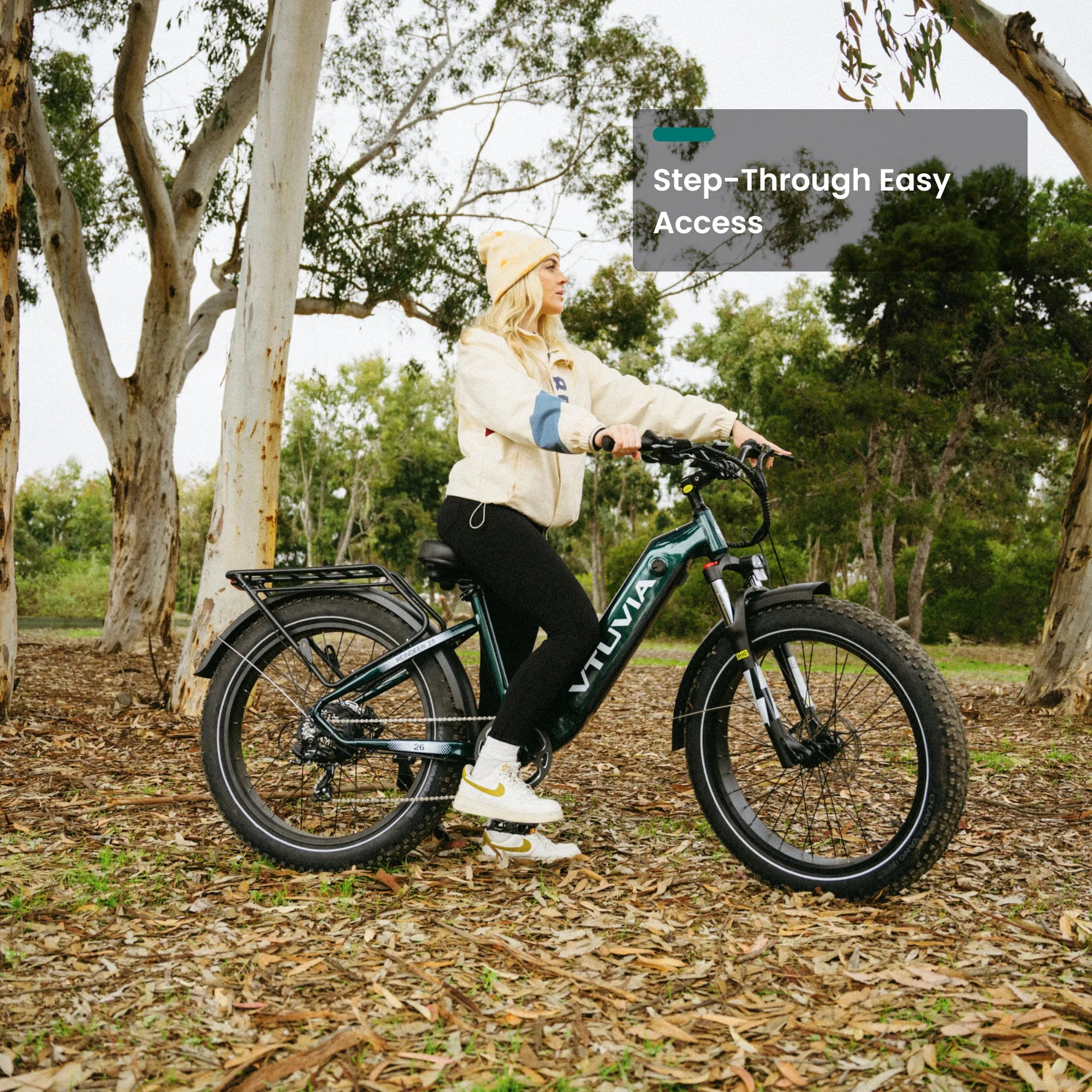 VTUVIA Reindeer 2.0 step-through fat tire electric bike, all-terrain ebike with V-adapt torque sensor #color_dark-green