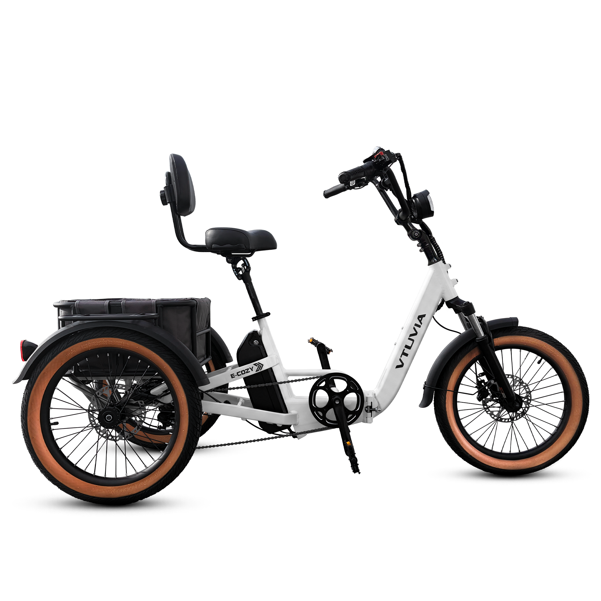 VTUVIA E-COZEY electric tricycle for adults with low step-through frame and rear basket  
