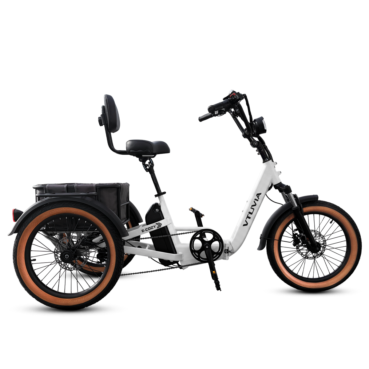 VTUVIA E-COZY electric tricycle for adults with low step-through frame and rear basket  