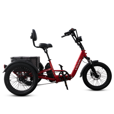 VTUVIA E-COZY electric trike left side view with rear cargo basket and three-wheel design  