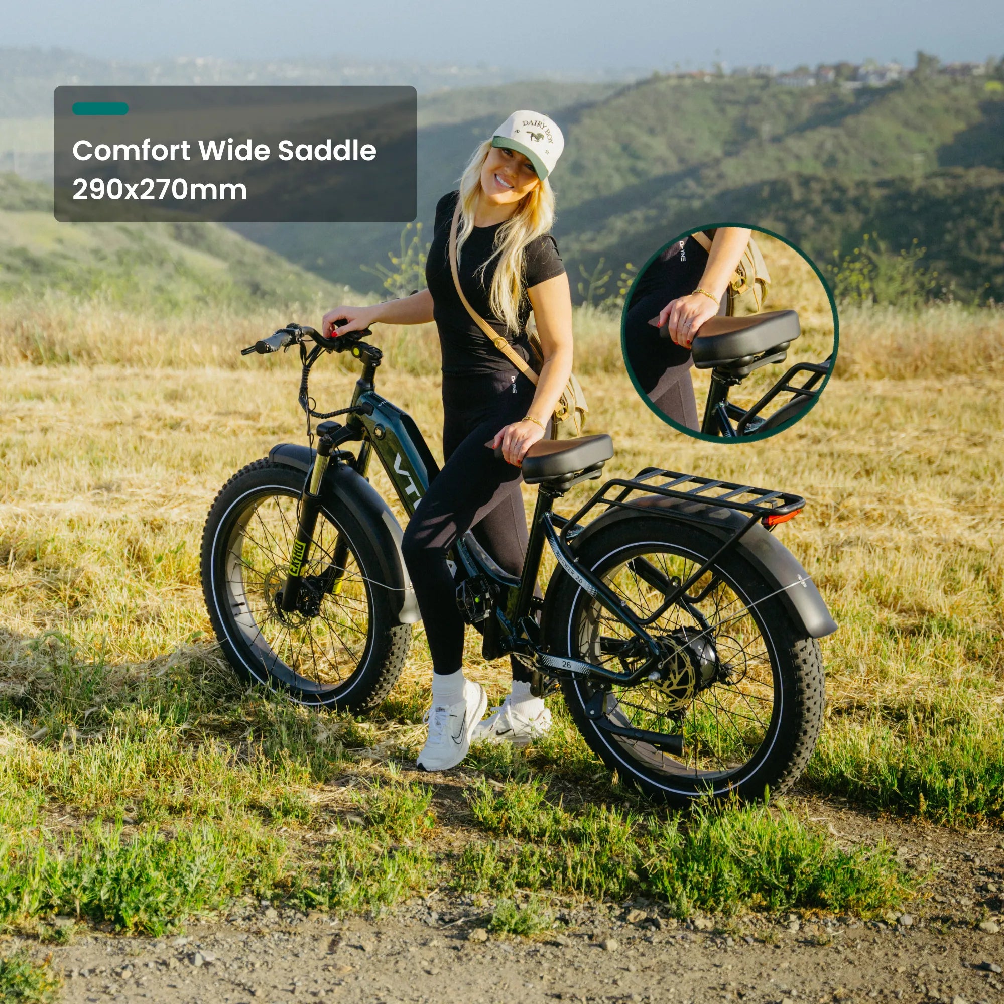 Wide comfort saddle on VTUVIA Reindeer 2.0 fat tire electric bike, padded seat for long rides 