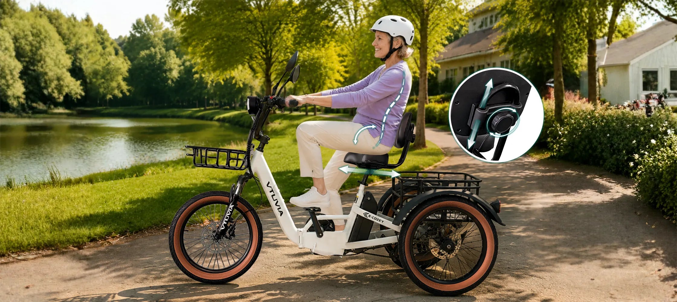 VTUVIA E-COZEY electric trike with adjustable backrest for relaxed comfortable riding