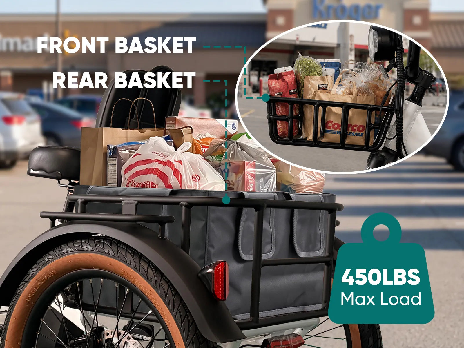 VTUVIA E-COZEY electric cargo tricycle carrying groceries with front and rear baskets